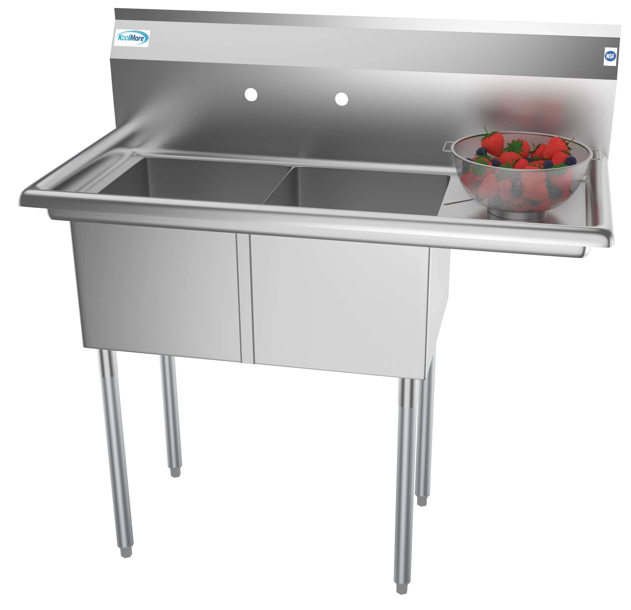 Koolmore 43 in. Two Compartment Stainless Steel Commercial Sink with Drainboard, Bowl Size 14 x 16 x 11 in., SB141611-12R3