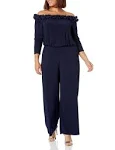 Adrianna Papell Ruffled Off-The-Shoulder Jumpsuit - Navy - Size 4