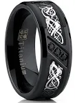 Metal Masters Co. Men's Black Titanium Wedding Ring Band with Dragon Design Over Carbon Fiber Inlay and Black Cubic Zirconia