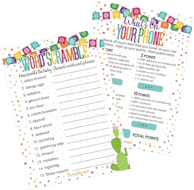 DISTINCTIVS Taco 'Bout a Baby Fiesta Baby Shower Games - What's On Your Phone and Word Scramble, 2 Game Bundle - 20 Dual Sided Cards