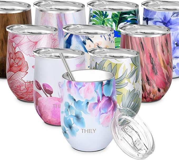 THILY Stainless Steel Insulated Wine Tumbler Stemless Wine Glass with Lid and Straw, Splash-proof, Cute Travel Cup for Coffee, Cocktails, Christmas Gift for Women, Mother, Wife, Girls, Pink Lilies