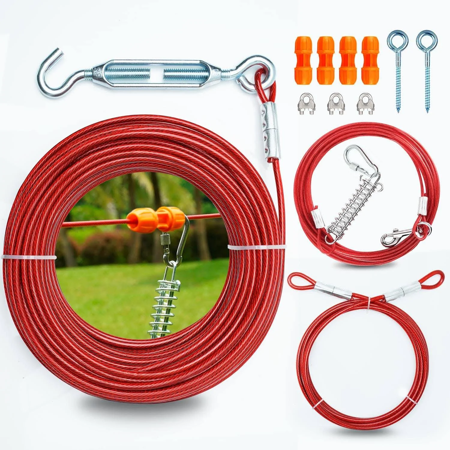 Heavy Duty Aerial Dog Tie Out Trolley System for Small to Large Dogs - Dog Run Cable 100ft /75ft Zipline with 10ft Runner Cable Great for Yard Camping Outdoor (Red, 100 ft for one Dogs up to 250 lbs)