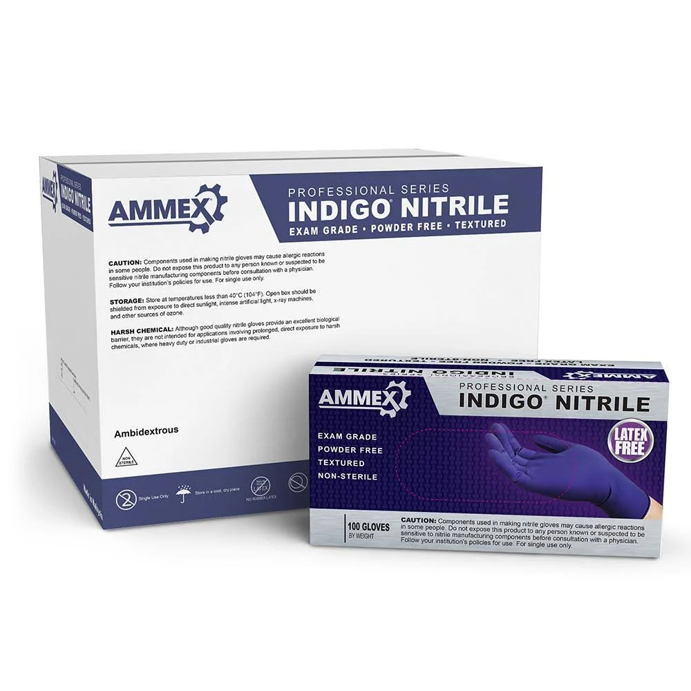 Ammex Indigo Nitrile Exam Latex Free Disposable Gloves Case of 1000 - Medium