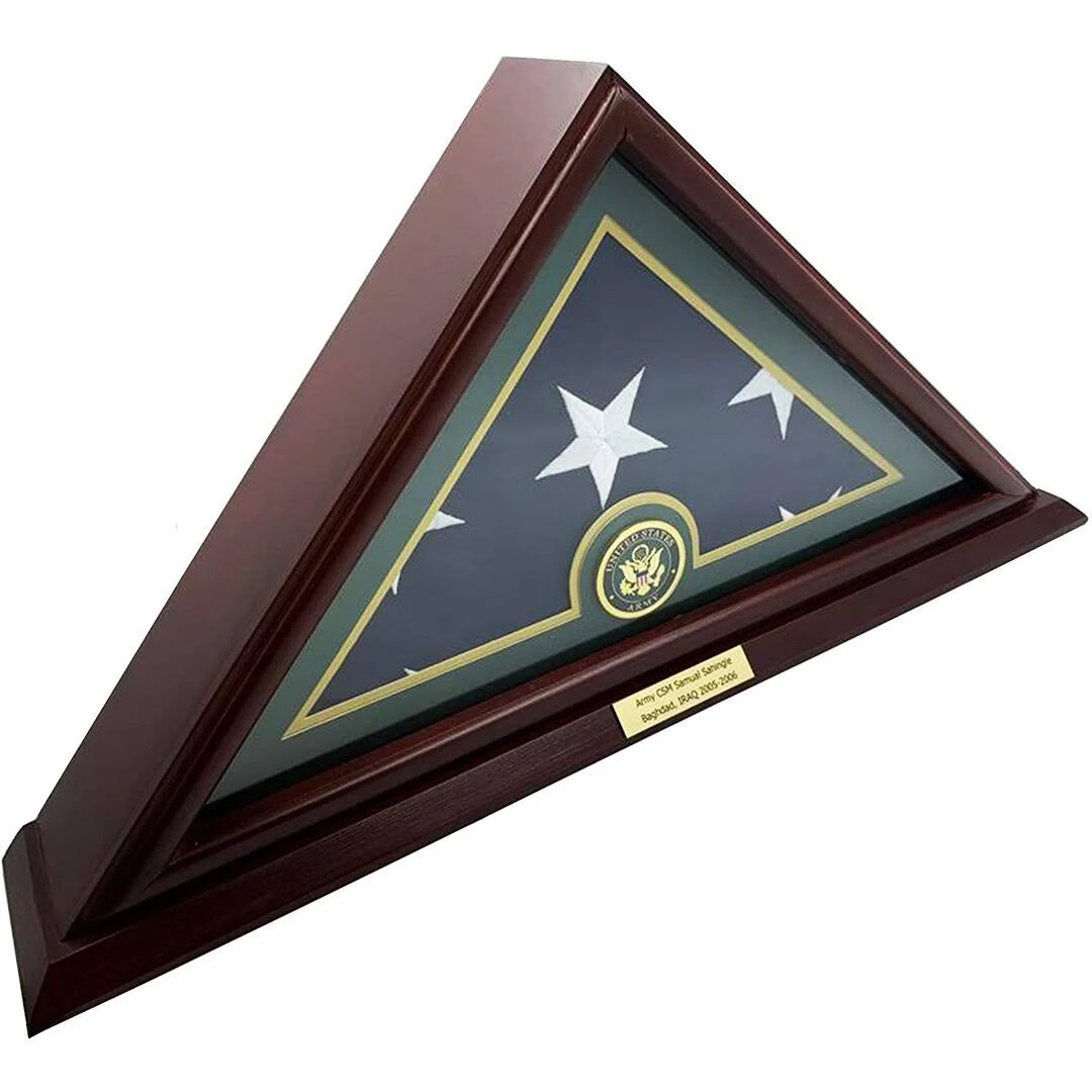 DECOMIL 5x9 American Veteran Burial Flag Display Case, Solid Wood, Cherry Finish, Small Base, Wall Mounted, Customized Name Plate, Army