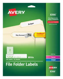 Avery 8366 TrueBlock Permanent File Folder Labels Inkjet/Laser White 750/Pack #9