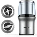 Secura Electric Coffee Grinder and Spice Grinder with 2 Stainless Steel Blades Removable Bowls