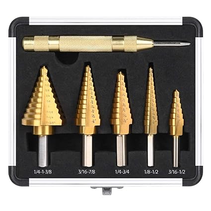 HYCLAT Titanium Step Drill Bit Set & Automatic Center Punch - High-Speed Metal Steel Drill Double Cutting Blades, Hss Cobalt Multiple Hole 50 Sizes, with Aluminum Case or Canvas Bag