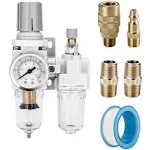 NANPU 1/4" NPT Compressed Air Filter Regulator Lubricator Combo, Water/Oil Trap Separator - Gauge(0-150 psi), Poly Bowl, Semi-Auto Drain, Bracket