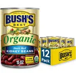 BUSH'S BEST 15 oz Canned Organic Dark Red Kidney Beans, Source of Plant Based Protein and Fiber, Low Fat, Gluten Free, (Pack of 12)