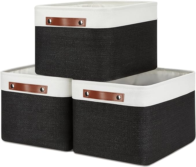 DULLEMELO Canvas Storage Bin with Handles, Fabric Bins for Shelves, Bedroom, Office,Nursery,Fabric Storage Baskets for Toys, Clothes,Gift(3-Pack Medium-15 inch X 11 inch X 9.5 inch , White&Black)