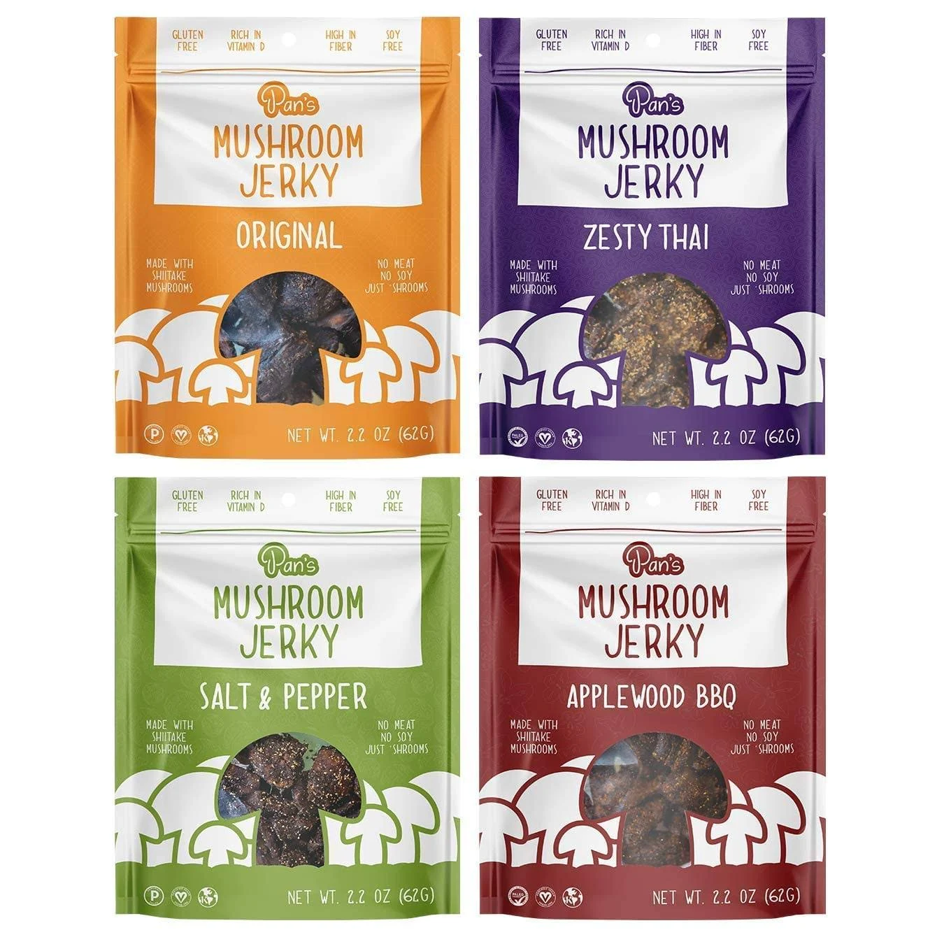 Pan's Mushroom Jerky, Organic, Vegan Snacks, Mushrooms Shitake, Meatless Jerky, Gluten Free, High in Fiber, Variety pack of Original, Zesty Thai, Salt & Pepper, BBQ (2.2 Ounce, Pack of 4)