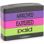 Interlocking Stack Stamp, Approved, ENTERED, Paid, 1.81" x 0.63", Assorted Fluorescent Ink