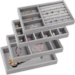 PSISO 4 Pcs Stackable Jewelry Organizer Trays for Drawers, Velvet Jewelry Organizer Drawer Inserts, Ring Earring Organizer Storage Display Tray