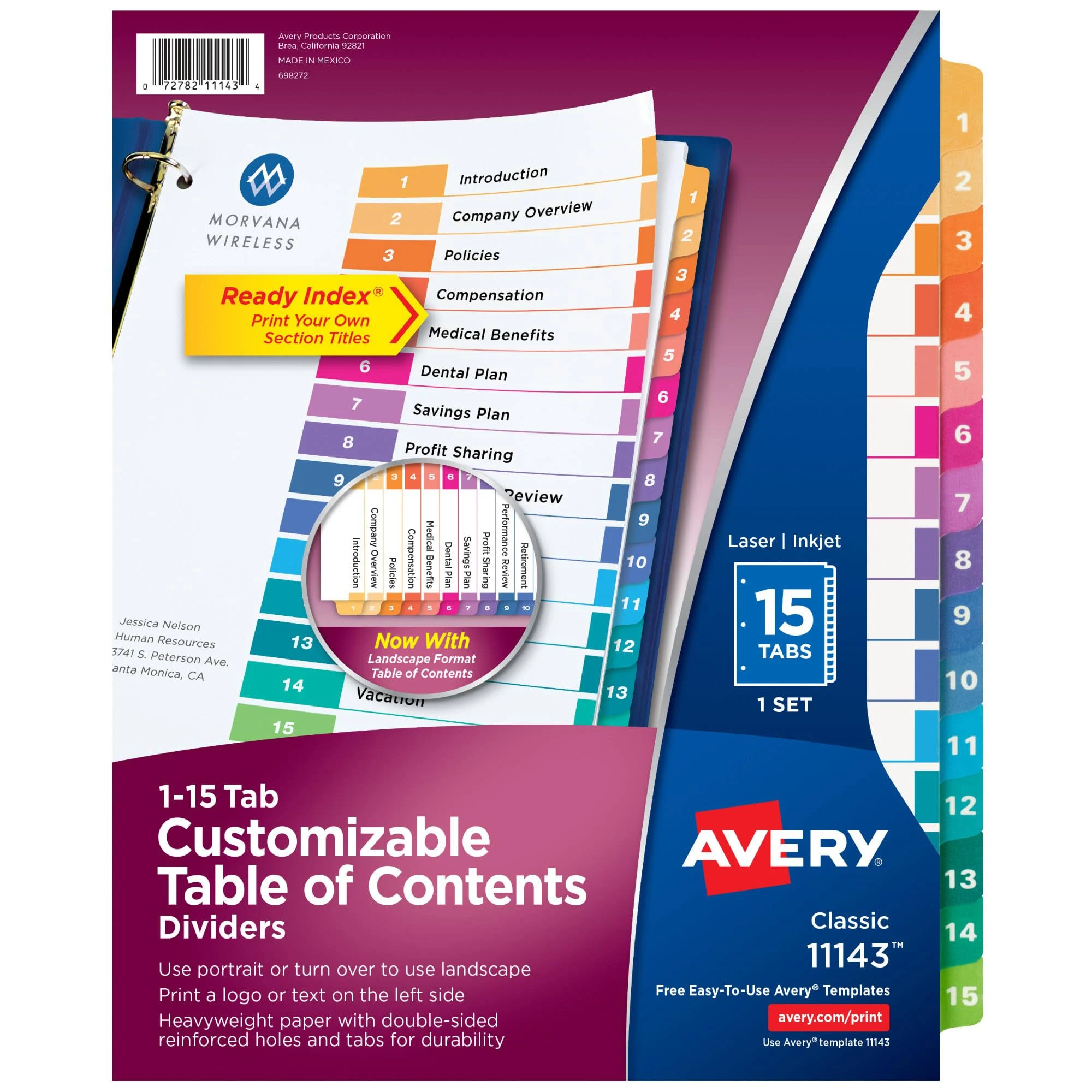 Avery 15 Tab Dividers for 3 Ring Binders, Customizable Table of Contents, Multicolor Tabs, 1 Set (11143)