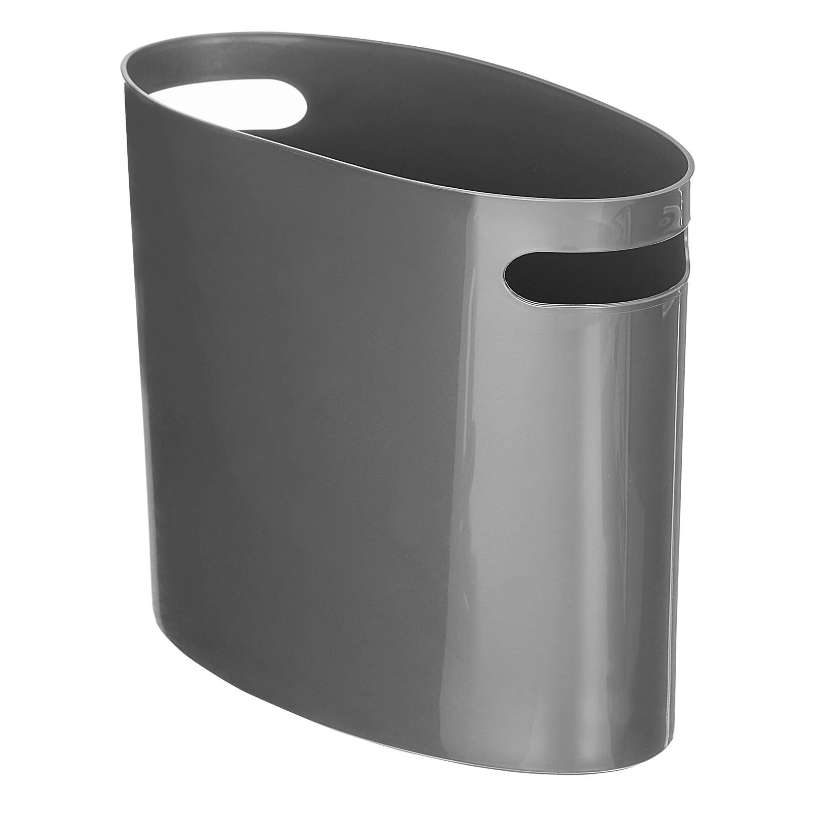 mDesign Compact Plastic Oval Trash Can Garbage Wastebasket, Handles - Dark Gray