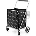 Folding Shopping Utility Cart Basket Heavy Duty Metal Frame Home Cart W/ Wheels