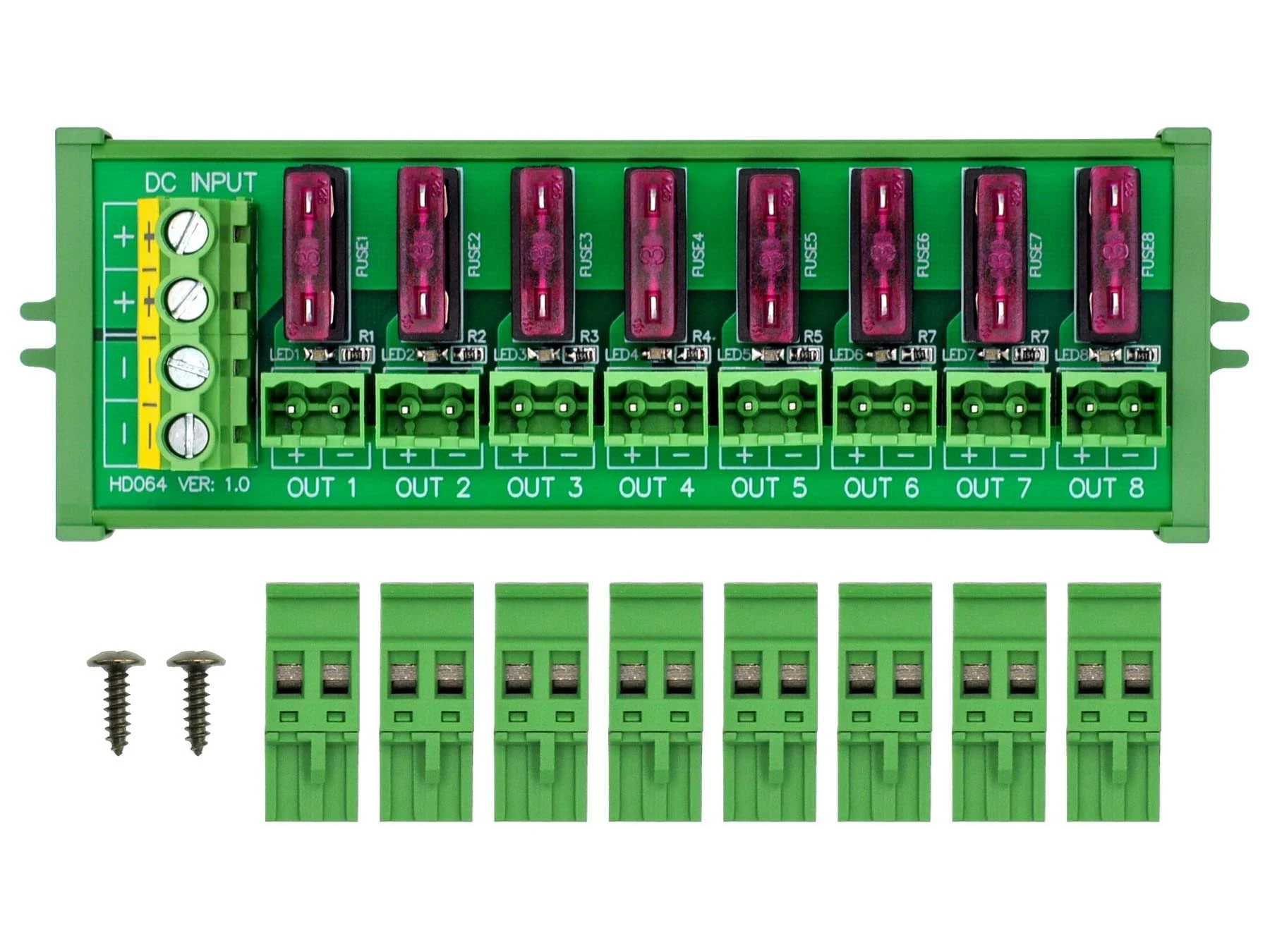 Screw Mount DC 5 - 32V 8 Channel Pluggable Side Wiring Terminal Block Power Distribution Fuse Module, HCDC HD064RP