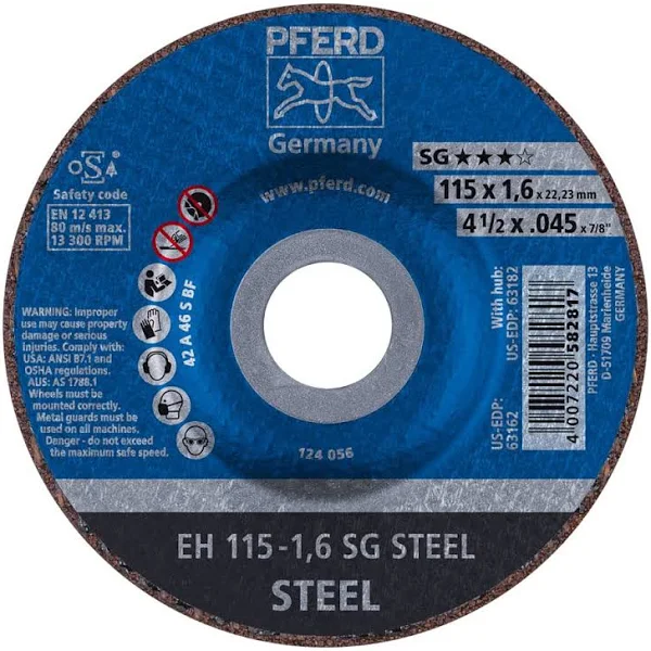 Pferd 63162 Depressed Centre Cut-Off Wheel, Type 27, Aluminum Oxide A, 4-1/2" Diameter x .045" Thickness, 7/8" Bore, 13300