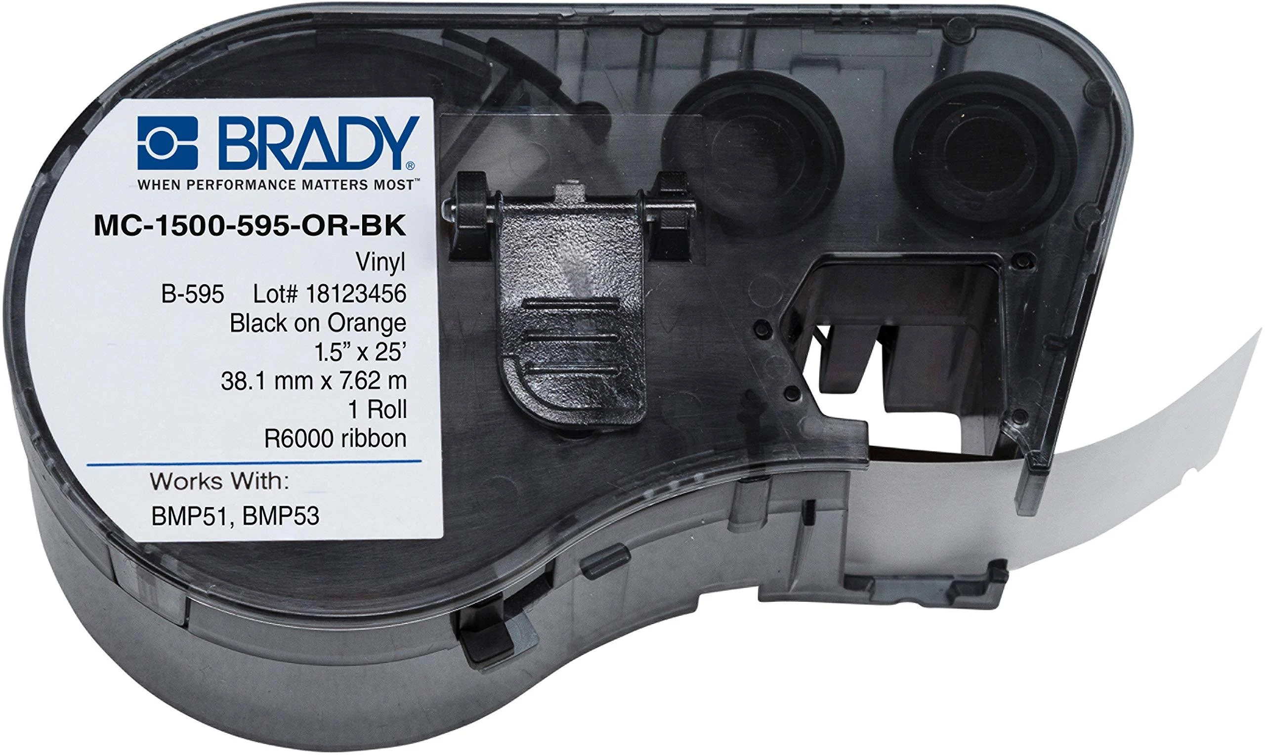 BRADY MC-1500-595-OR-BK MSERIES B595 BLK/ORG1.50IN X25FT 1 ROLL HF