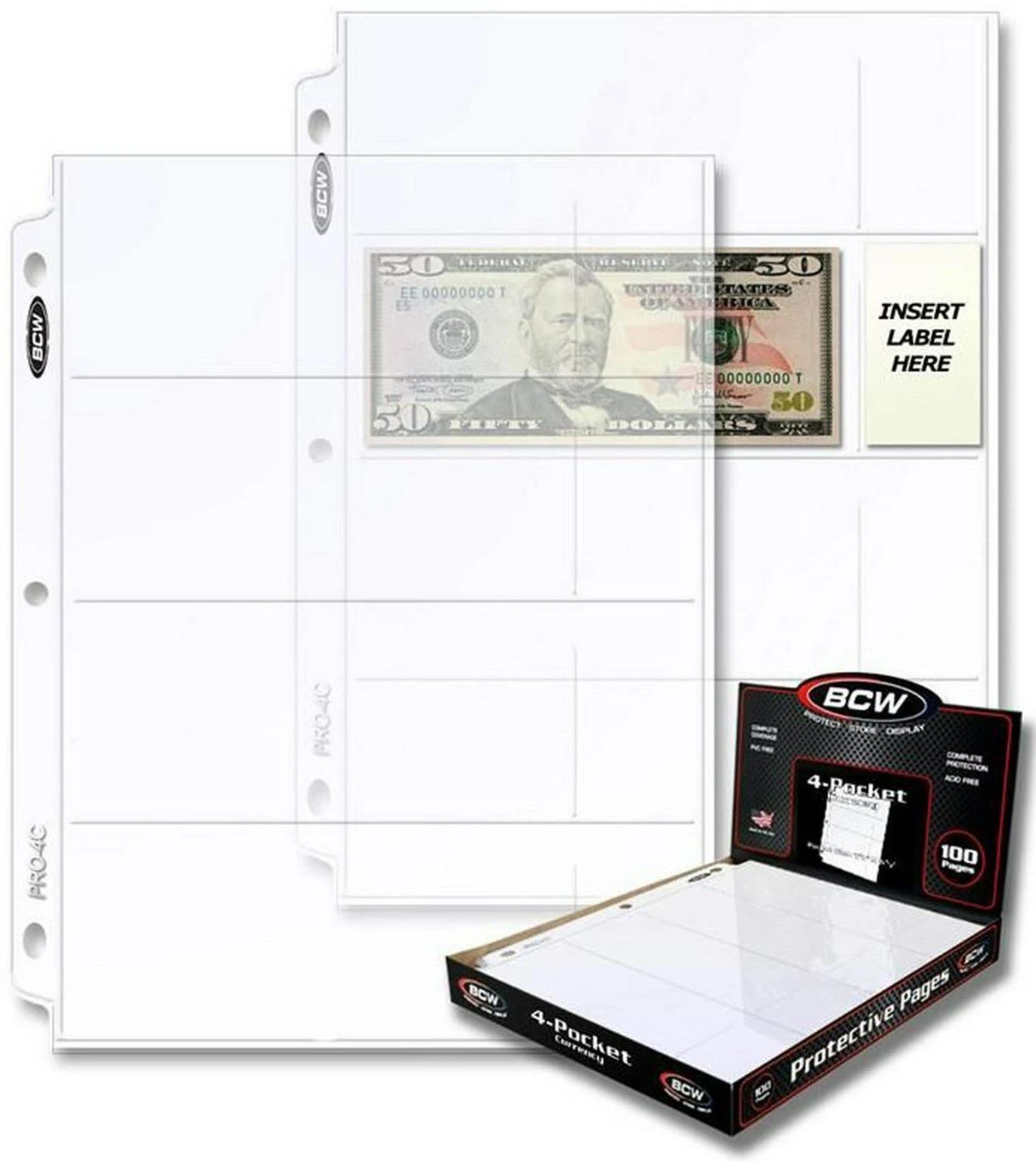 50 Ct. - BCW Pro 4-Pocket Coupon Storage Pages (4 Horizontal Long 2 5/8 X 6 1/8 Top Loaded Slots)