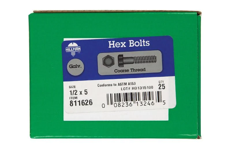 Hillman 811626 Hex Bolt 1/2" D X 5" L Hot Dipped Galvanized Steel Hot Dipped Galvanized