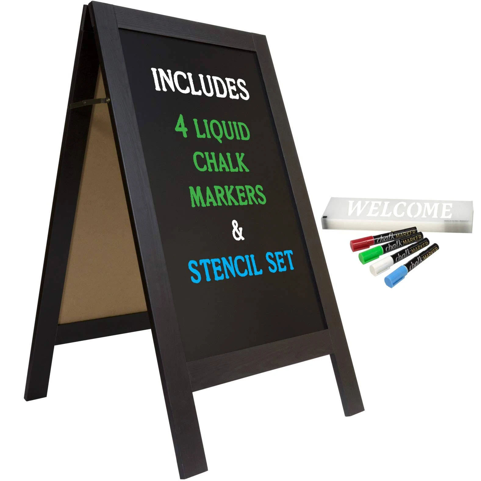 Large Sturdy Handcrafted 40" x 20" Wooden A-Frame Chalkboard Display / 4 Liquid Chalk Markers & Stencil Set/Sidewalk Chalkboard Sign Sandwich Board/Chalk Board Standing Sign (Black)