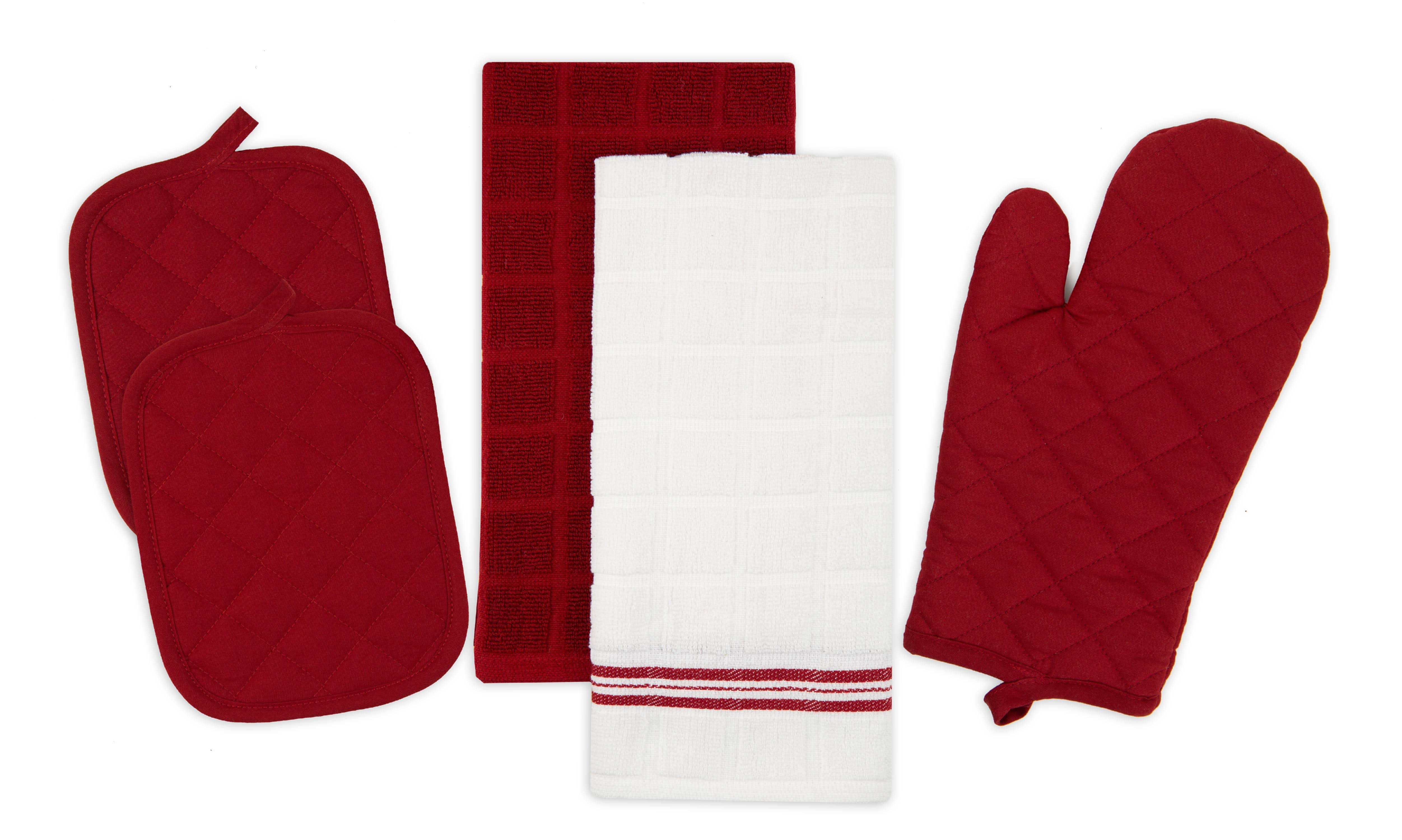 Mainstays Kitchen Towel, Oven Mitt, and Pot Holder Set, 5 Piece, Red