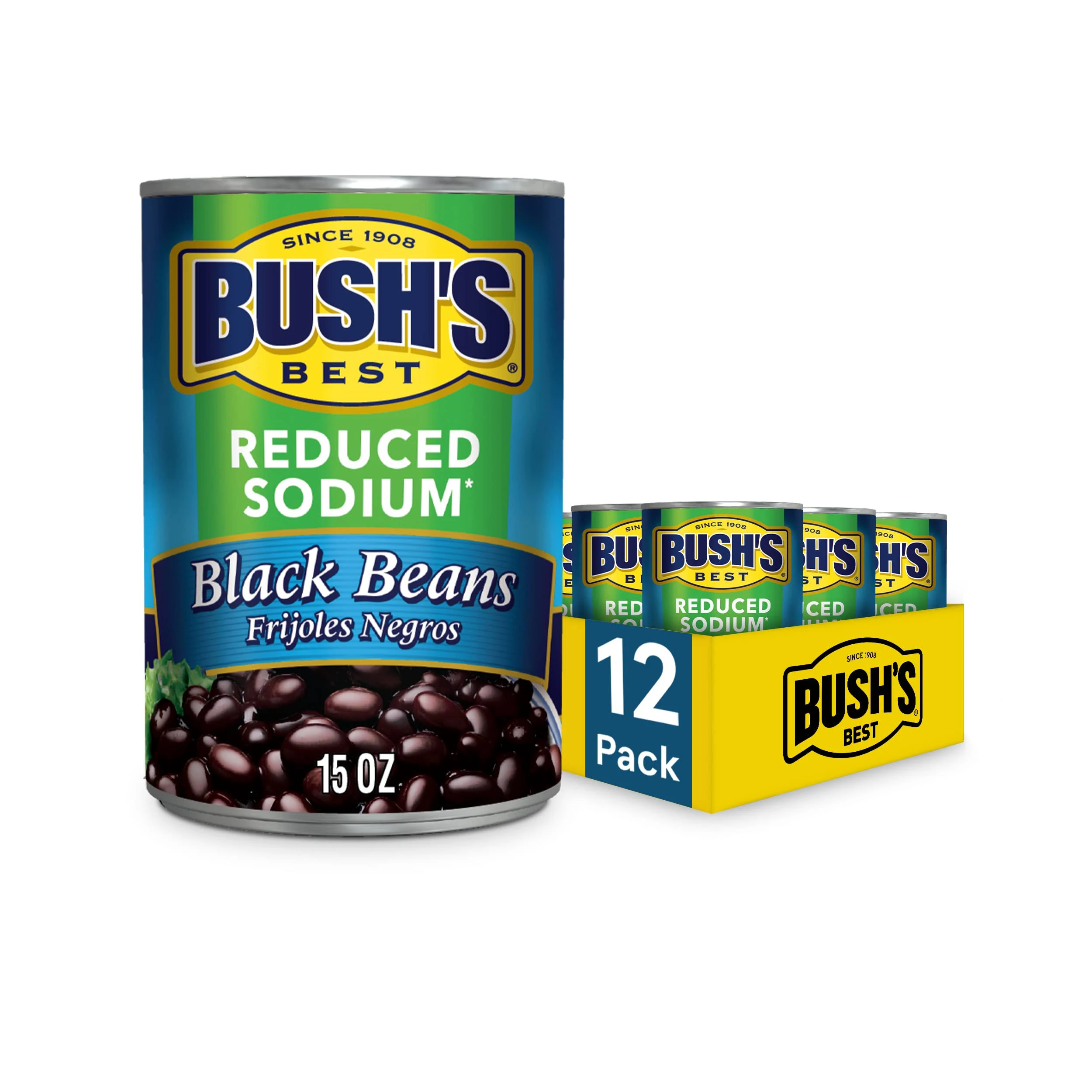 BUSH'S BEST 15 oz Canned Reduced Sodium Black Beans, Source of Plant Based Protein and Fiber, Low Fat, Gluten Free, (Pack of 12)