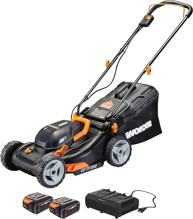 Worx WG743 40V PowerShare 4,0 Ah 17 pulgadas cortadora de pasto con mantillo e Intellicut (2 baterías de 20 V), negro y naranja