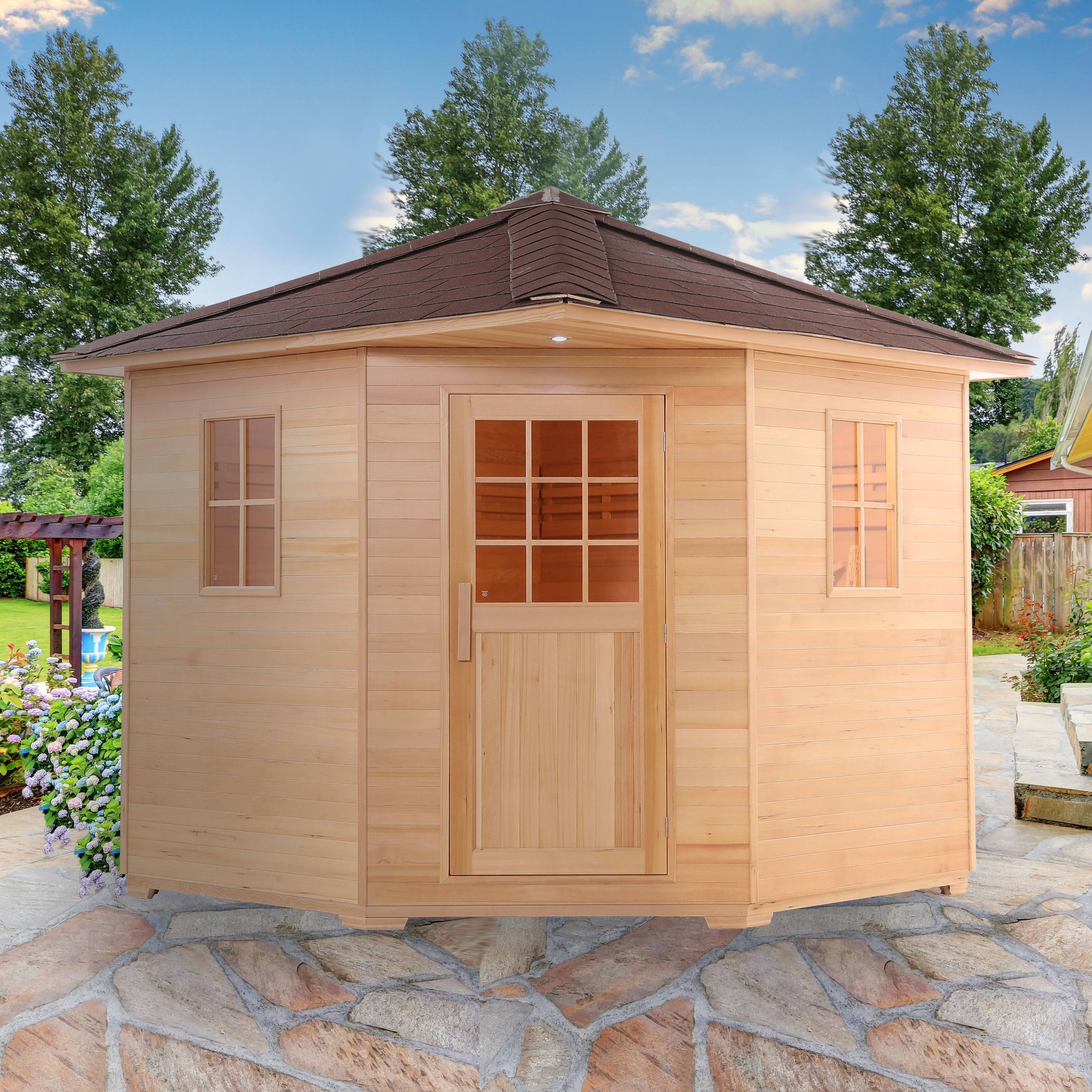 Aleko Canadian Hemlock Wet Dry Outdoor Sauna with Asphalt Roof - 9 KW ETL ...