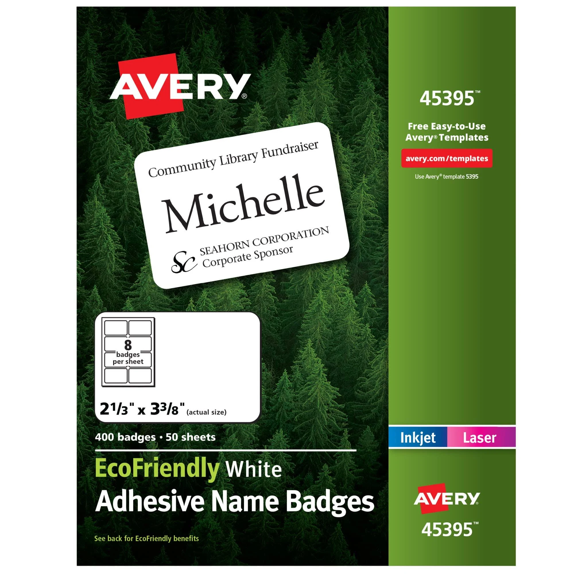 Avery 45395 Adhesive Name Badge Labels, 2-1/3 x 3-3/8, White, 400/Box