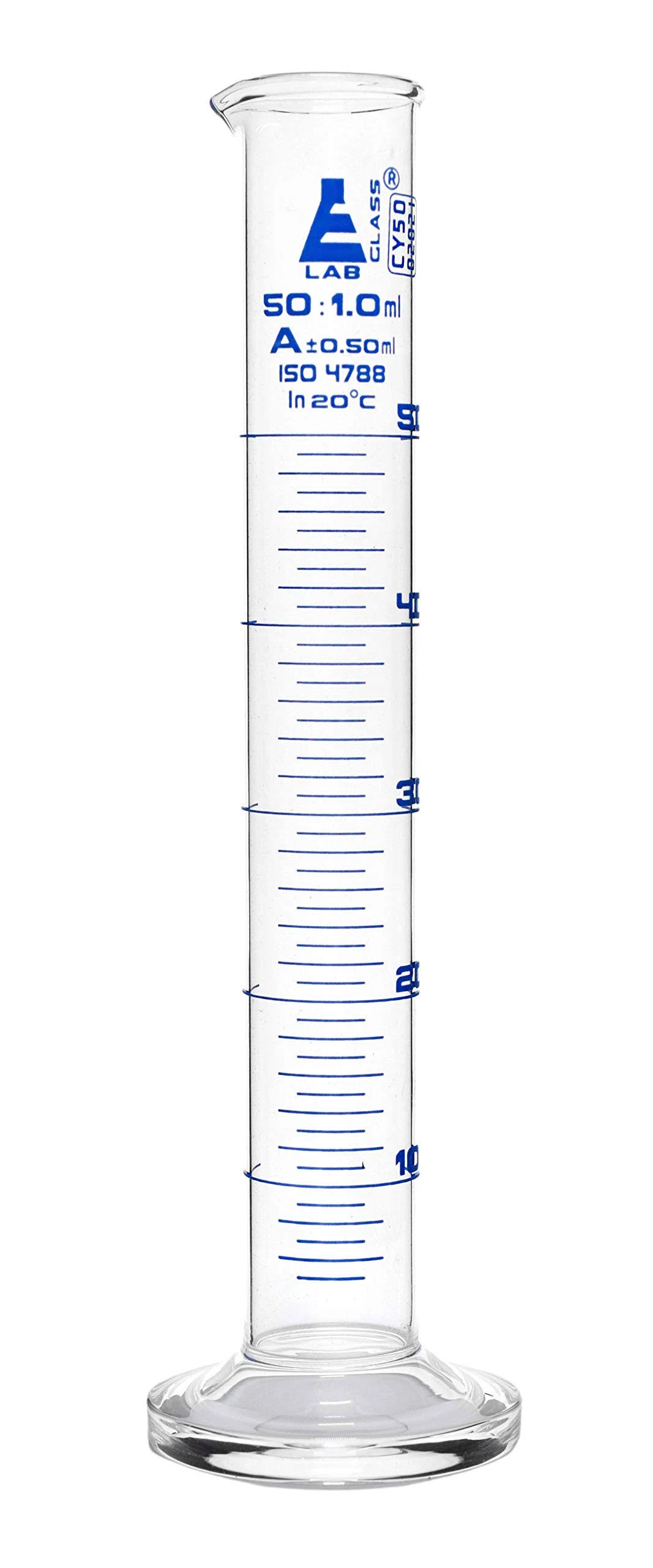 Eisco Labs - 50mL Measuring Cylinder - Tolerance ±0.50mL - Class A Graduated Cylinder - Calibrated TC - Hexagonal Base - Blue Graduations - Batch Work Certificate QR Code - Boro 3.3 Glass