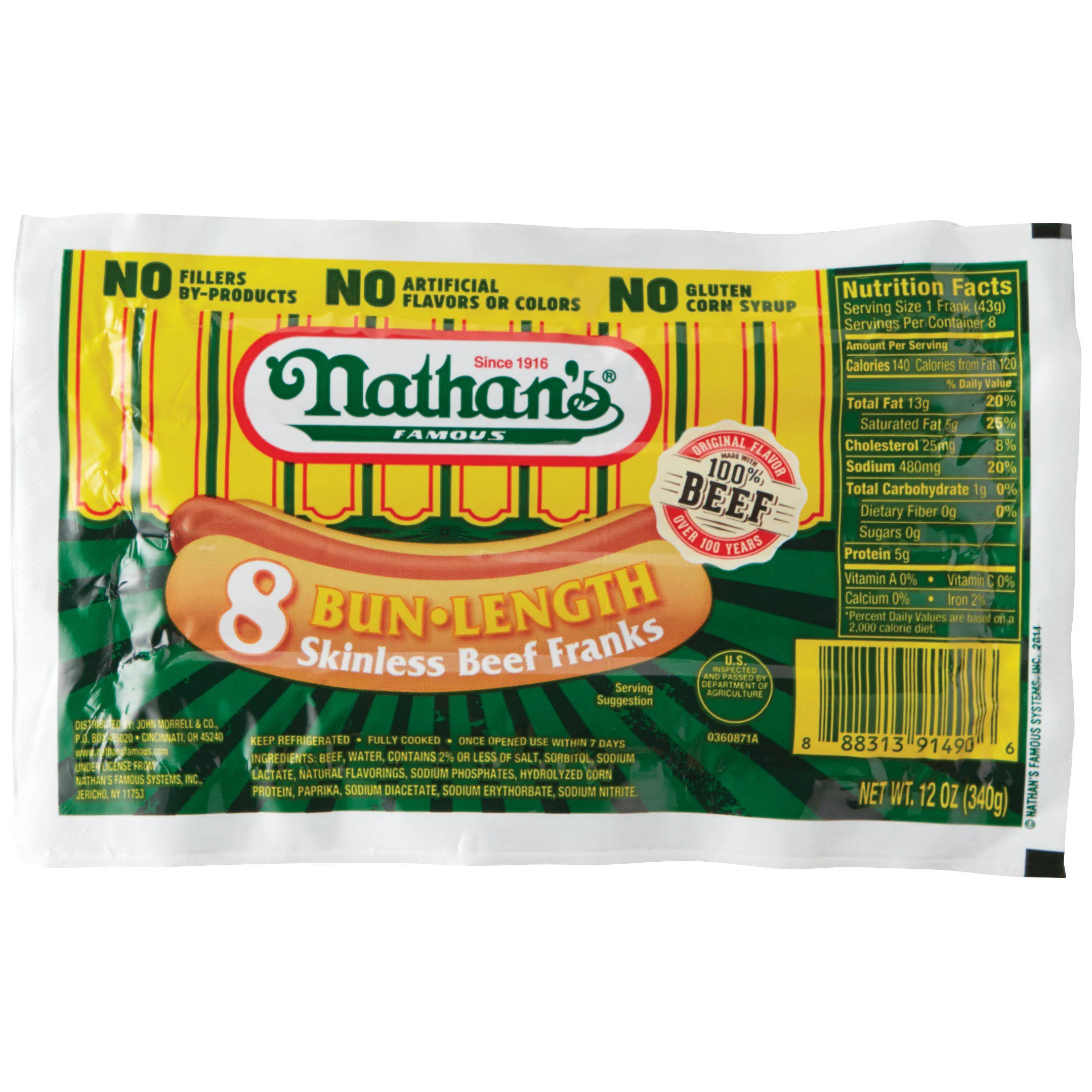 "Nathan's Famous Beef Franks, Skinless, Bun Length"