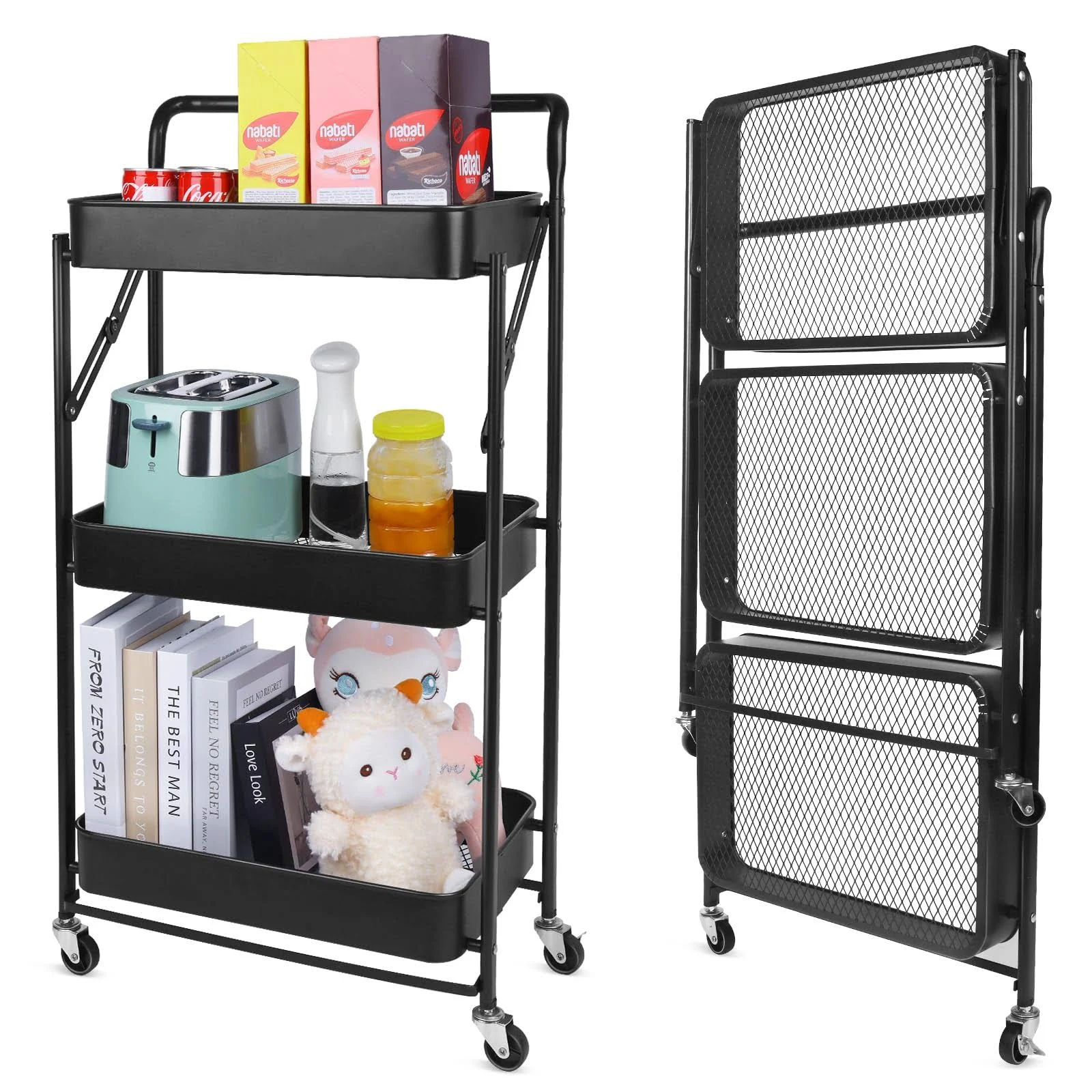 3 Tier Folding Rolling Cart Foldable Metal Utility Cart Organizer for Kitchen