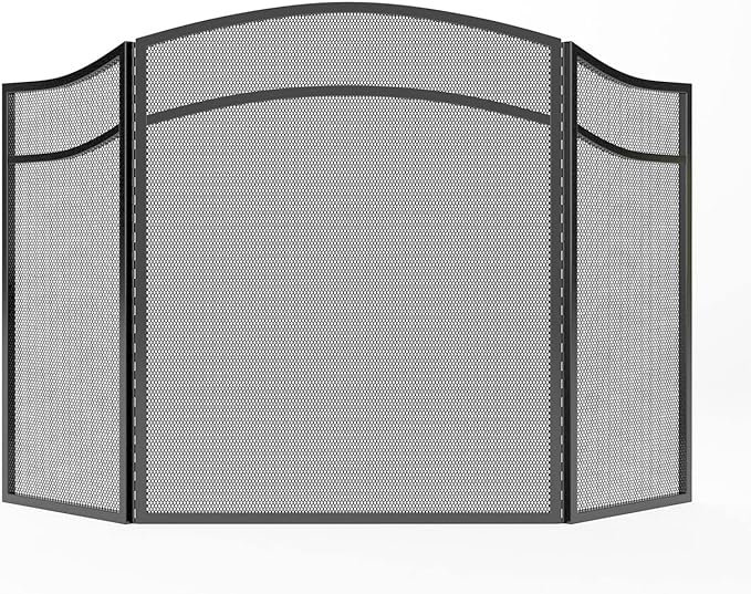 Lizh Metalwork 3 Panels Fireplace Screen with Arch Frame Simple Design 48"(L) x 29"(H),Black