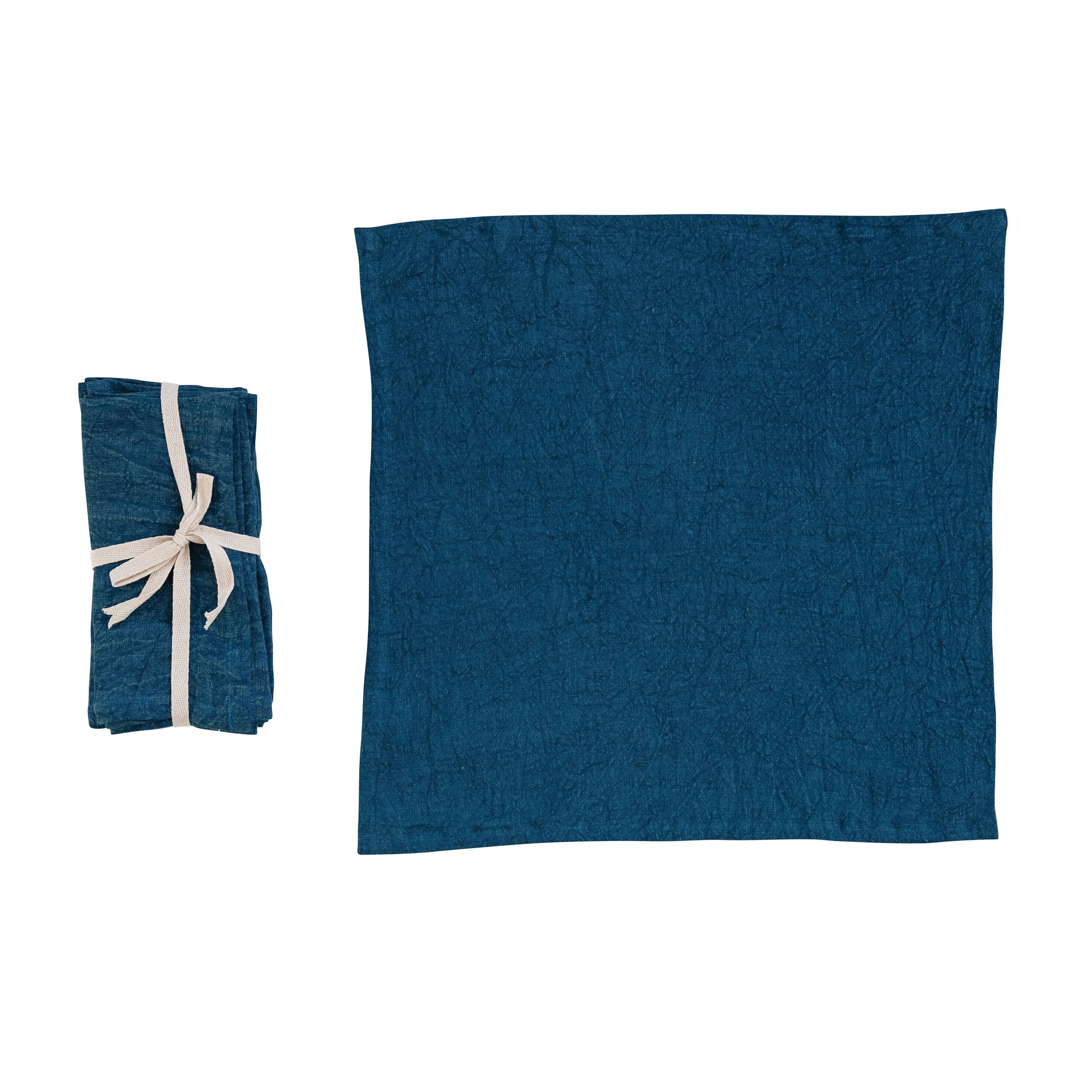 Creative Co-Op 18 Inches Square Stonewashed Linen Dinner Kitchen Use, Navy Color, Set of 4 Napkin, Blue