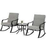 Solaura 3-Piece Outdoor Rocking Chairs Bistro Set, Black Iron Patio Furniture with Gray Thickened Cushion & Glass-Top Coffee