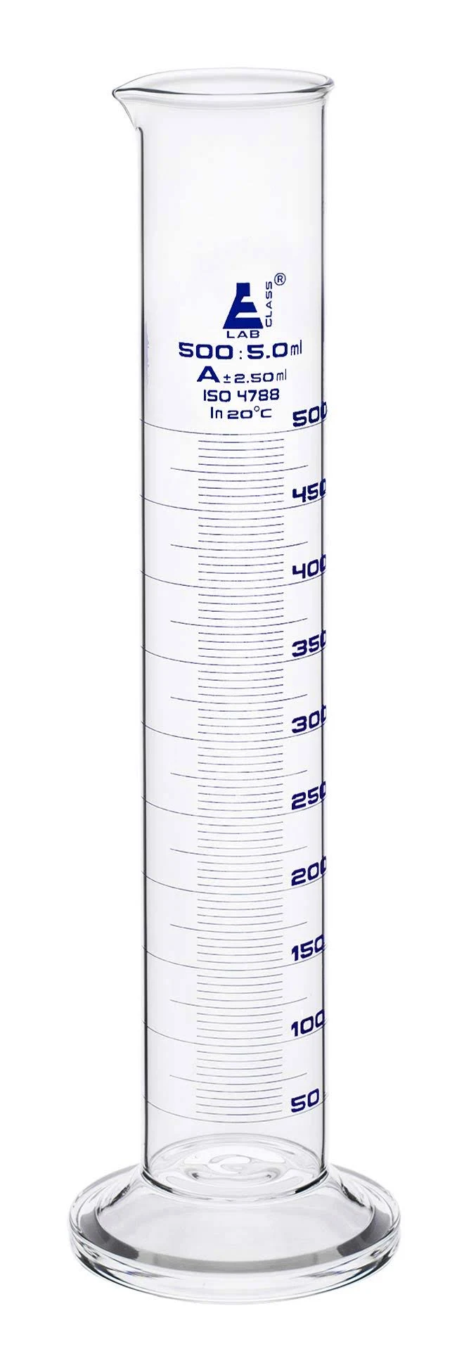 Graduated Cylinder, 500ml - Class A - Blue Graduations, Round Base