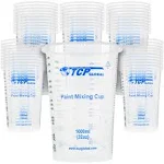 TCP Global 32 Ounce (1000 ml) Disposable Flexible Clear Graduated Plastic Mixing Cups - Box of 50 Cups - Use for Paint, Resin, Epoxy, Art, Kitchen