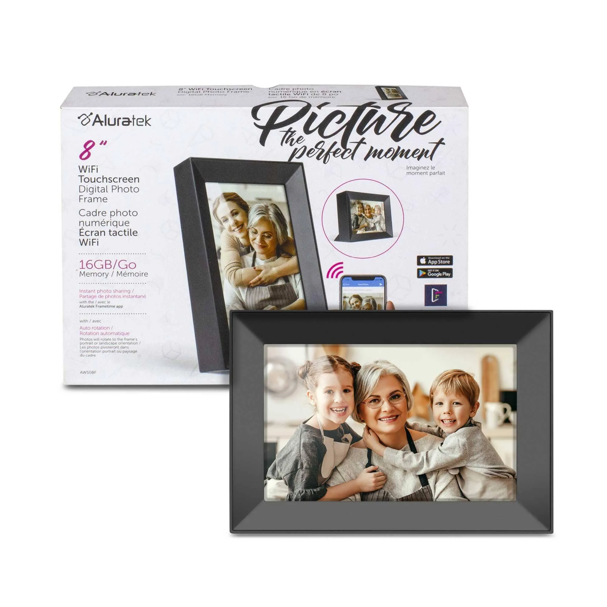 Aluratek 8'' WiFi Touchscreen Digital Photo Frame with Auto Rotation and 16GB Built-in Memory - AWS08F, Black