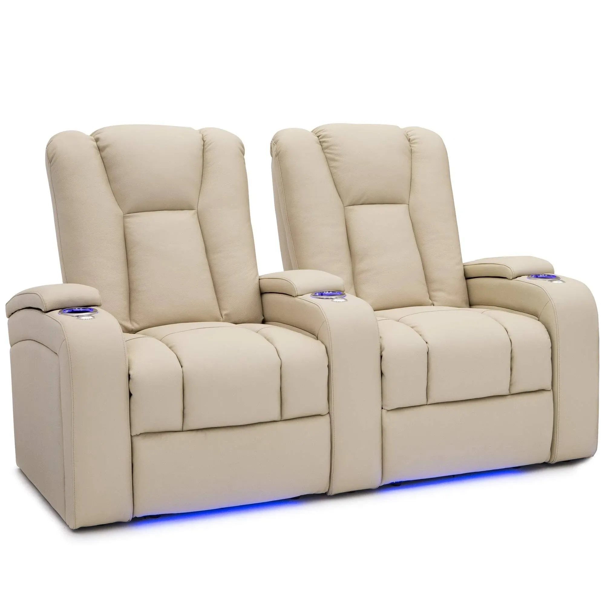 Seatcraft Serenity Leather Home Theater Seating - Living Room - Power Recline - Tray Tables - in-Arm Storage - Ambient Base Lighting and Lighted Cupholders (Row of 2, Cream)