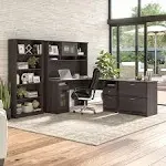 Bush Furniture Cabot L Shaped Desk with Hutch, Lateral File Cabinet and 5 Shelf Bookcase in Heather Gray