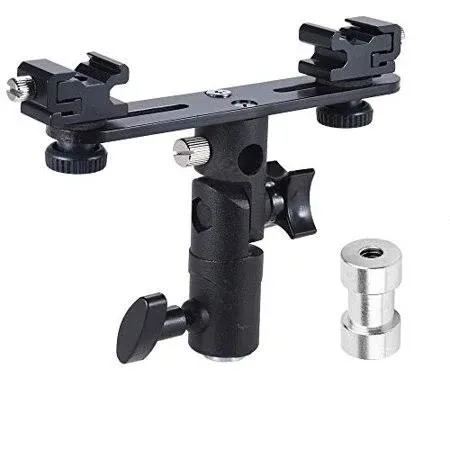 EXMAX E2 Adjustable Double Flash Bracket Dual Hot Shoe Speedlight Stand Umbrella Holder Light Stand Bracket Mount 1/4" to 3/8'' for Studio Video DSLR Camera