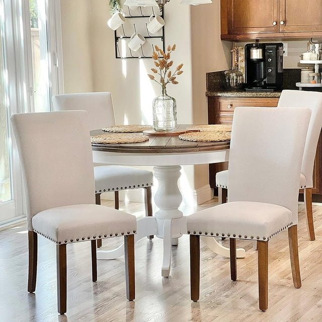 Upholstered Parsons Dining Chairs Set of 2/4/6, Fabric Dining Room Kitchen Side Chair with Nailhead Trim and Wood Legs - F-Beige