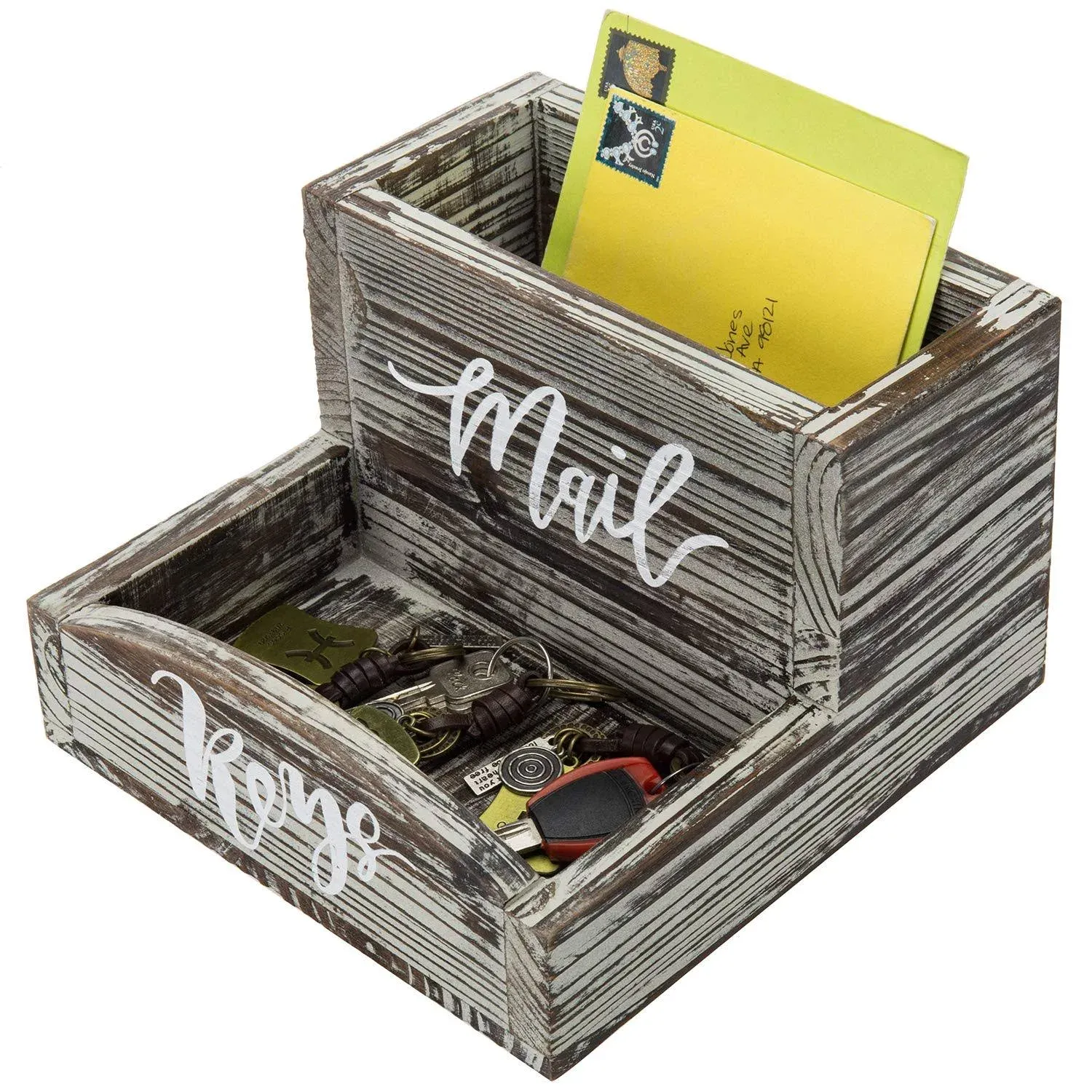 MyGift Rustic Torched Wood Mail Holder and Key Organizer Entryway Storage Tray with Cursive Mail and Keys Word Design, Office, Dorm, Classroom Desktop Organizing Bin