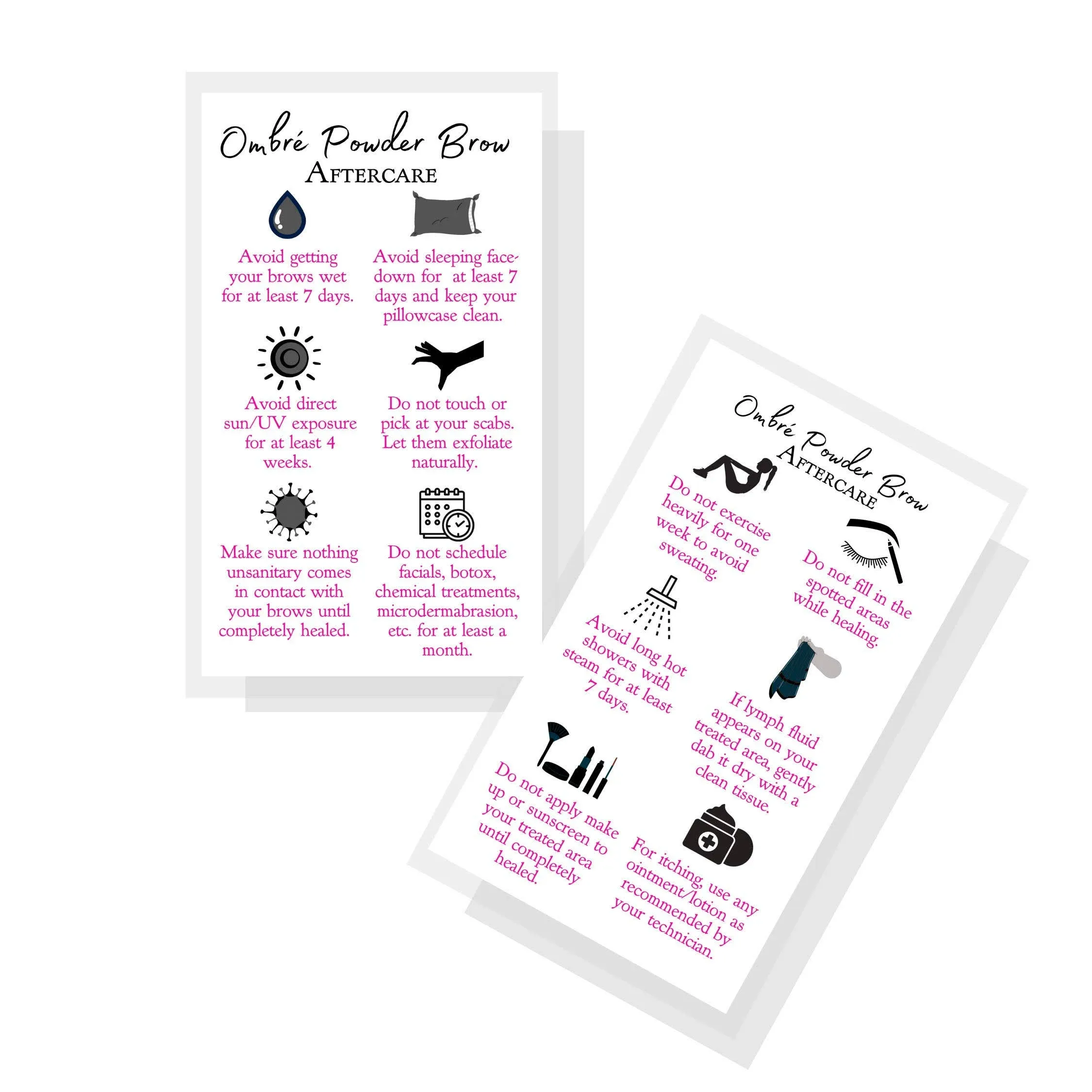 Ombre Powder Brow Aftercare Instructions Cards Package of 50 Double Sided Size 2x3.5 Inches inches Business Card White with Icon & Pink Font Design pink, black, white, pmu