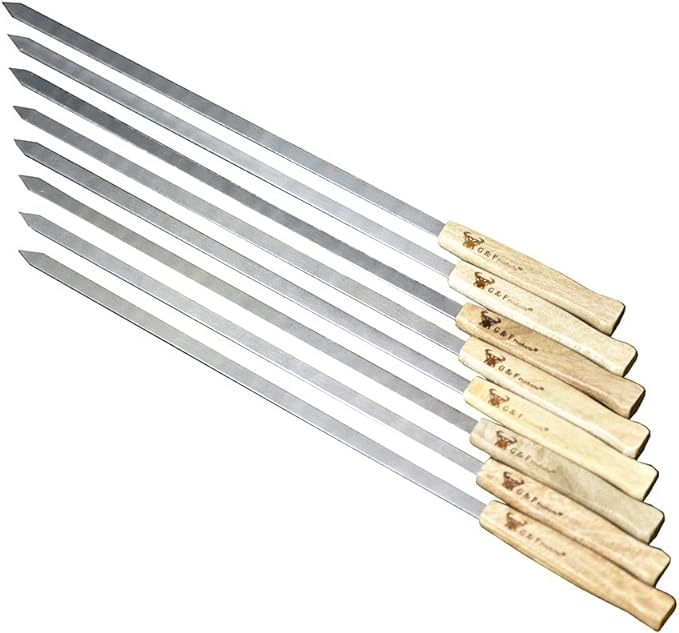 17-Inch Long, Large Stainless Steel Brazilian-style BBQ Skewers with hardwood Handle, Kebab Kabob Skewers, 3/8 Inch Wide Blade, Set of 8 Skewer with heavy-duty Travel Bag