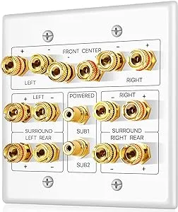 Home Theater Speaker Wall Plate Outlet - 7.2 7.1 Surround Sound Audio Distribution Panel, Gold Plated Copper Banana Plug Binding Post Coupler, 2 RCA