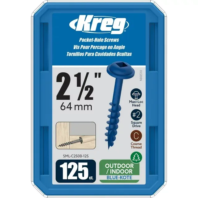 Kreg SML-C250B-125 Blue Kote, Pocket Screws, 2 1/2 Inch, #8 Coarse Thread, Maxi-Loc Head (125 Count)