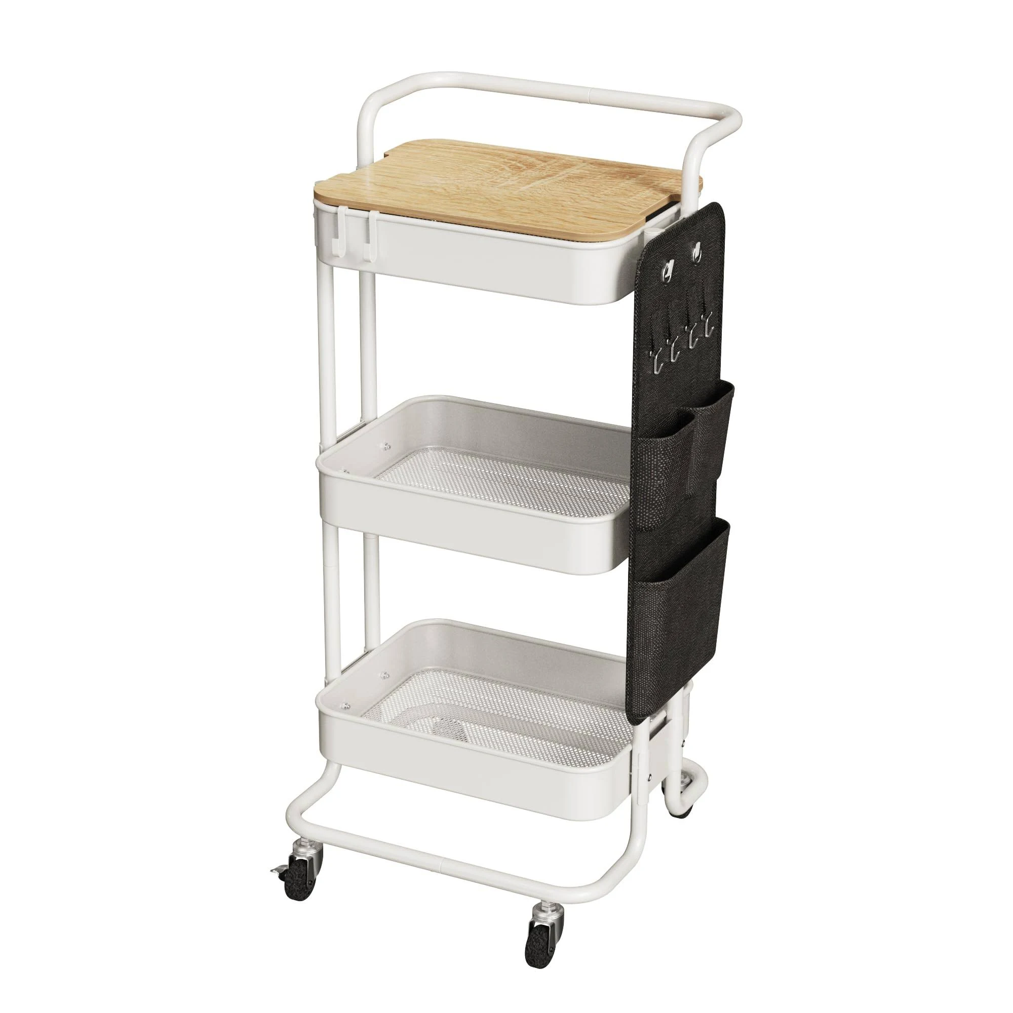 Metal Utility Rolling Cart with Table Top and Side Bags Metal Tray Storage Orga